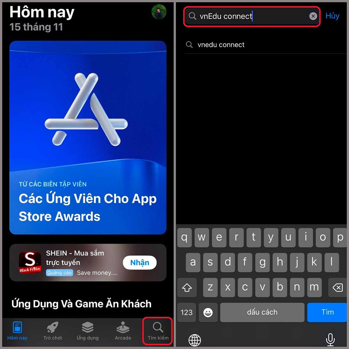 Mở App Store hoặc CH Play rồi nhập từ khóa Vnedu connect